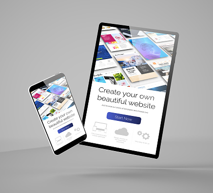 mobile design concept: flying smartphone and tablet mockup 3d rendering showing website builder