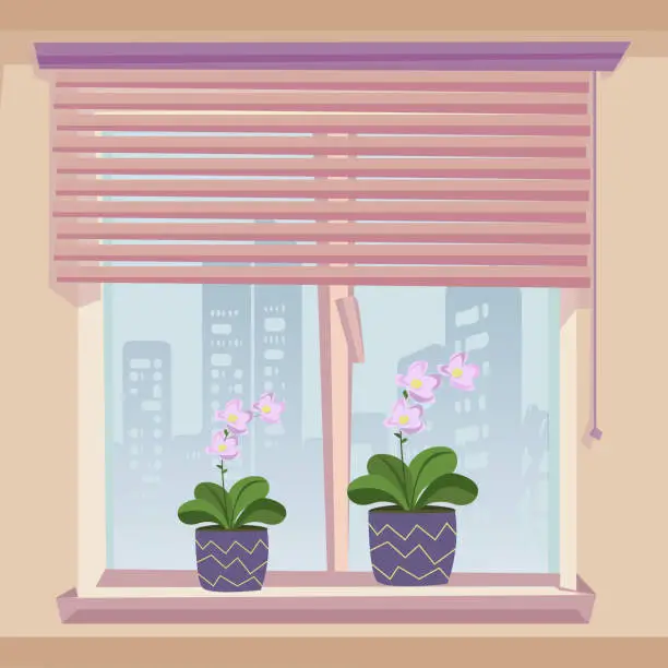 Vector illustration of Windowsill Decoration Flowerpot Bloom Pink Flower