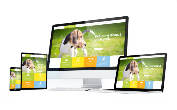mobility devices pet website responsive design mobility devices isolated with pet website responsive design on screen. 3d rendering. blue beagle stock pictures, royalty-free photos & images