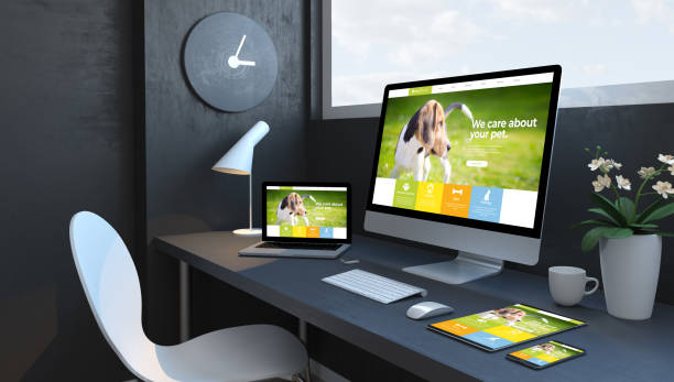 Navy blue workspace with responsive devices pet web design Navy blue workspace with responsive devices 3d rendering pet web design blue beagle stock pictures, royalty-free photos & images