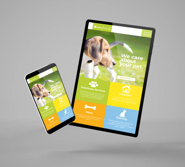 flying smartphone and tablet with pet website flying smartphone and tablet mockup 3d rendering showing pet website blue beagle stock pictures, royalty-free photos & images