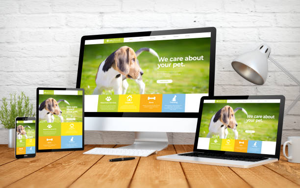 pet website responsive design screen multidevices 3d rendering with multidevices with pet responsive design website blue beagle stock pictures, royalty-free photos & images