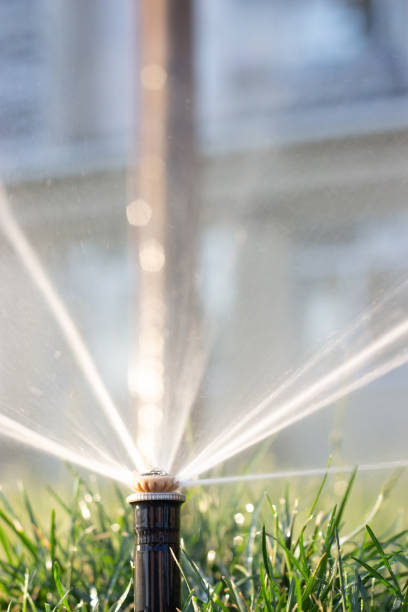 istock automatic sprinkler system watering the lawn on a background of green grass 1157341197