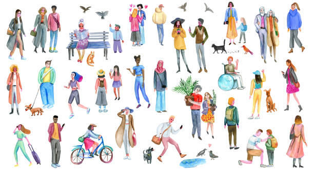 ilustraciones, imágenes clip art, dibujos animados e iconos de stock de las personas agrupan al aire libre, bocetos de acuarela. ilustración de diversos hombres y mujeres con estilo. - watercolor painting illustrations