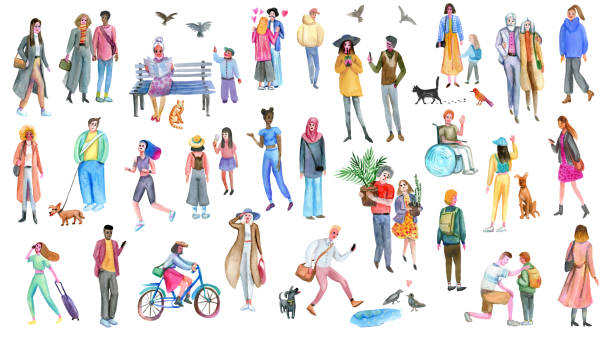 People group outdoor, watercolor sketches. Illustration of diverse stylish men and women. Crowd of people outdoor, watercolor sketches. Diverse man and woman, old people and children, different characters on the street. walking drawings stock illustrations
