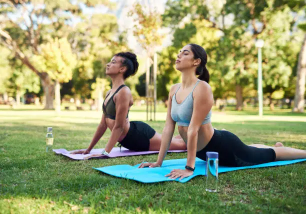 Cropped shot of two attractive young women holding a yoga pose in the park during the day