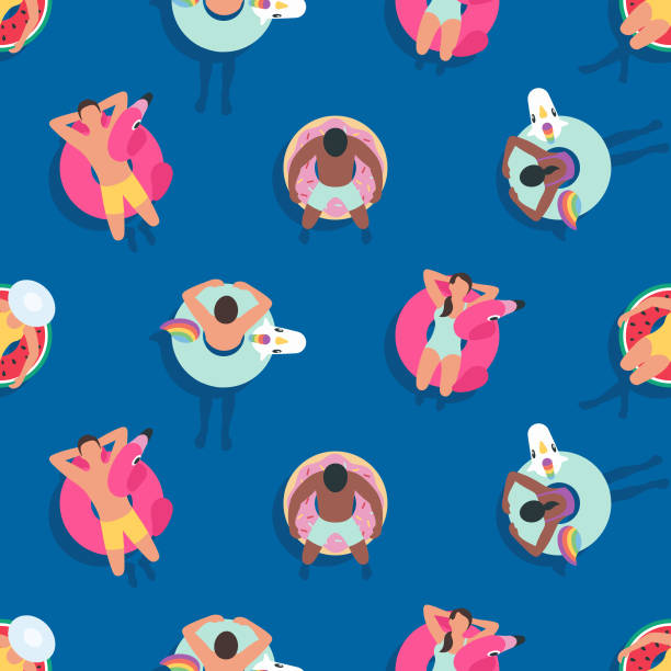 Seamless Summer Background with People relaxing on Inflatable Rings This illustration of people relaxing on inflatables repeats seamlessly, making it an ideal background for your summer design project. The illustrator 10 vector file can be coloured and customized to suit your needs and scaled infinitely without any loss of quality. flamingo stock illustrations