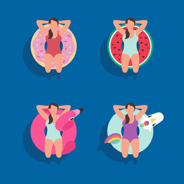 illustrations, cliparts, dessins animés et icônes de anneaux gonflables de nouveauté et flotteurs de piscine - color image blue background season animal