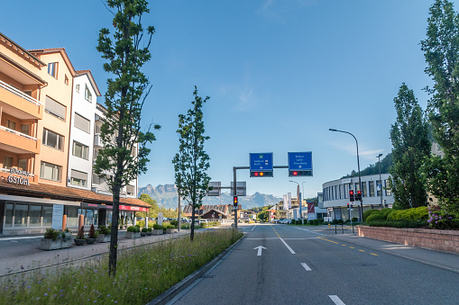 Vaduz, Liechtenstein - June 1, 2019: Crossroad in Vaduz with traffic lights.