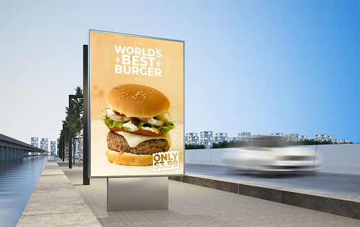 burger advertising billboard on highway on city 3d rendering mockup