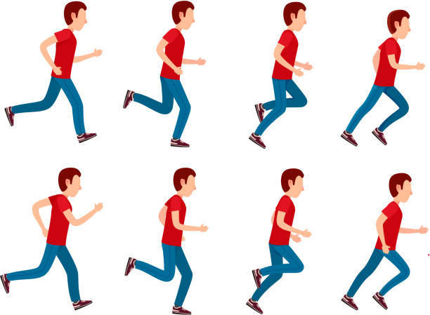 Running Man Animation Sprite Set. 8 Frame Loop. Collection of running man icons. Animation sprite set frame loop. Sport. Run. Active fitness. Exercise and athlete. Variety of sport movements. Flat cartoon style. Side view. Simple design. Vector scoring run stock illustrations