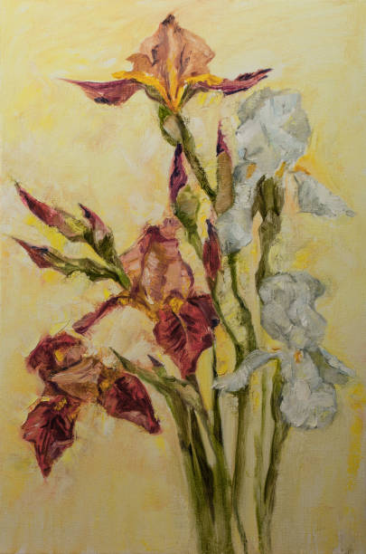 Fashionable spring illustration allegory modern artwork impressionism my original oil painting on canvas impressionism vertical shaped symbolic landscape blooming white and red irises in the rays of sunlight on a light beige yellowish sunny background
