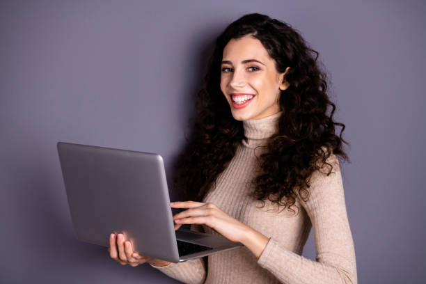 istock Close up side profile photo attractive she her lady hold hands arms notebook check online translation writing letter groupmates discussion wear casual pastel sweater pullover isolated grey background 1157352669