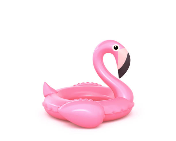 aufblasbarer rosa flamingo isoliert auf weiß - float stock-fotos und bilder