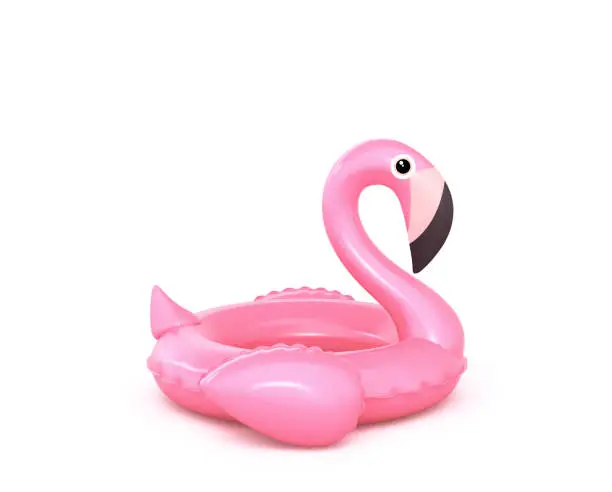 Inflatable pink flamingo isolated on white. 3D rendering with clipping path