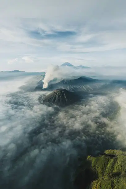 Scenic aerial view of Bromo volcano erupting on Java, Indonesia
