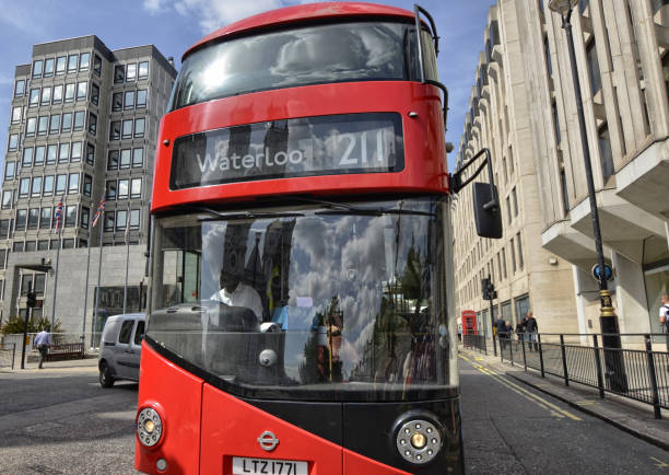 London double-decker buses London, United Kingdom, June 2018. One of the typical London double-decker buses, line 211 waterloo boris bus stock pictures, royalty-free photos & images