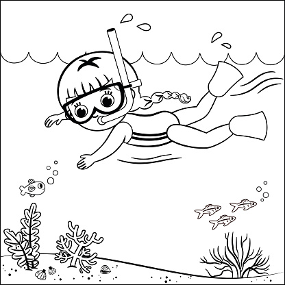 Black And White Outline Drawing Of A Swimming Girl Stock Illustration -  Download Image Now - iStock