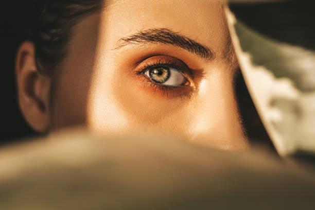 beautiful woman behind leaves - close up human eye photography color image imagens e fotografias de stock