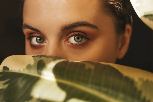 Beautiful woman behind leaves Beautiful woman behind leaves green eyes photos stock pictures, royalty-free photos & images