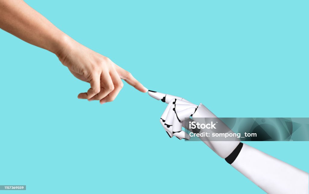 Human hand and robot hand system concept integration and coordination of artificial intelligence technology Robot Stock Photo