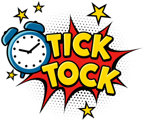 ilustraciones, imágenes clip art, dibujos animados e iconos de stock de reloj despertador y texto de tick tock - clock time alarm clock urgency