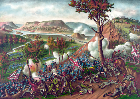 Vintage illustration features the Battle of Missionary Ridge, an American Civil War battle fought on November 25, 1863 between the U.S. Military Division of the Mississippi and the Confederate Army of Tennessee. The battle was fought in Chattanooga, Tennessee and resulted in a Union victory.