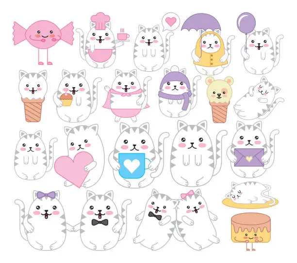 Vector illustration of bundle of cats and emojis kawaii characters