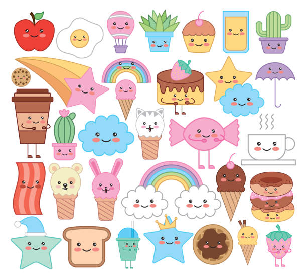 ilustrações, clipart, desenhos animados e ícones de pacote de animais emojis e personagens kawaii de alimentos - kawaii