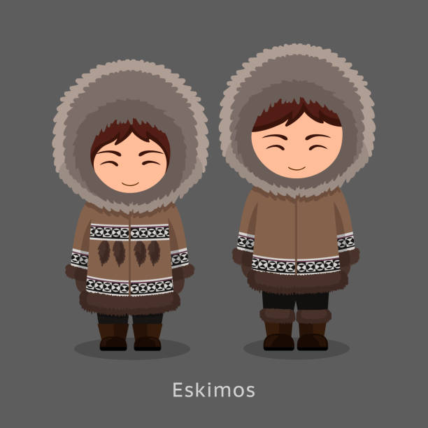 Eskimos in national clothes. Man and woman in traditional costume. People. Vector flat illustration. chukchi stock illustrations