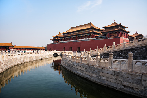 The Gate of Divine Might, North exit gate of the Forbidden City Palace Museum, reflecting in the water moat in Beijing, China