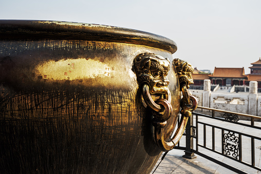 Copper lion on bronze vat in Beijing Forbidden City