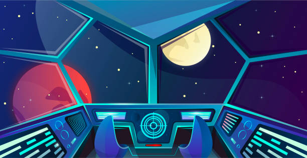 istock Spaceship interior of captains bridge with chair in cartoon style. Futuristic command post. Vector illustration with radar, screen, hologram, moon, mars and stars. Space. Cosmos vector 1157376814