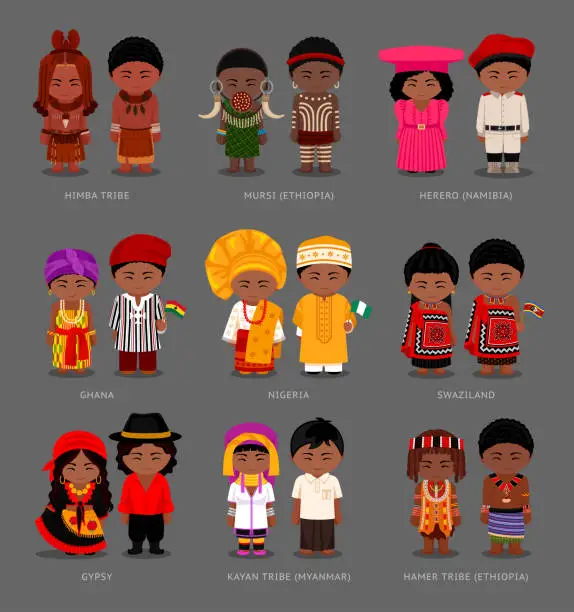 Vector illustration of Africans and asians in national dress.