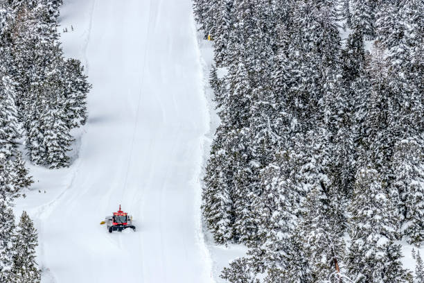 istock piste groomer at the extremely steep ski slope 1157378133