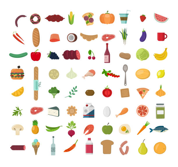 große reihe von farbigen essen icons. sammlung von verschiedenen mahlzeiten, fisch und fleisch, gemüse und brot. - cheese plant stock-grafiken, -clipart, -cartoons und -symbole