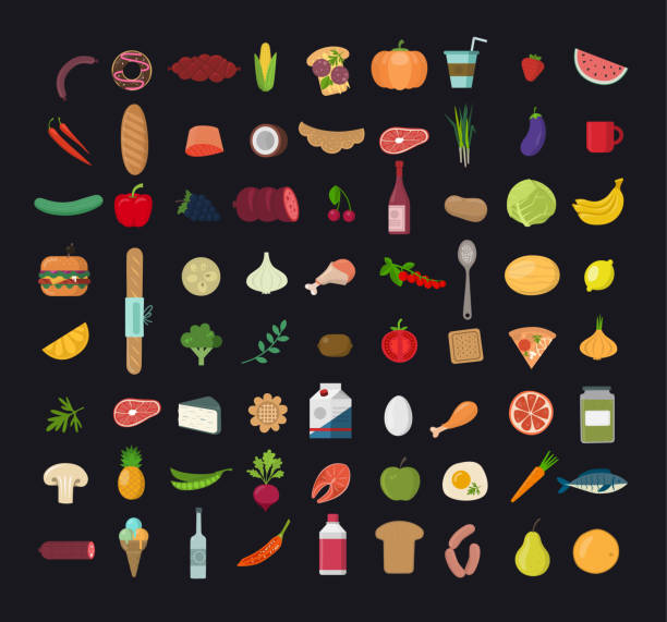 Big set of  colored  food Icons. Collection of various meal, fish and meat, vegetables and bread. Healthy fresh nutrition. Ingredients for cooking. cottage cheese stock illustrations