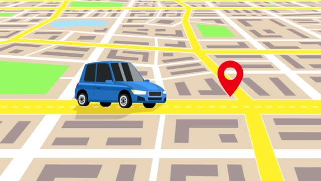 Cartoon Blue Auto Car Ride Through the City Map GPS navigation with Location Pin