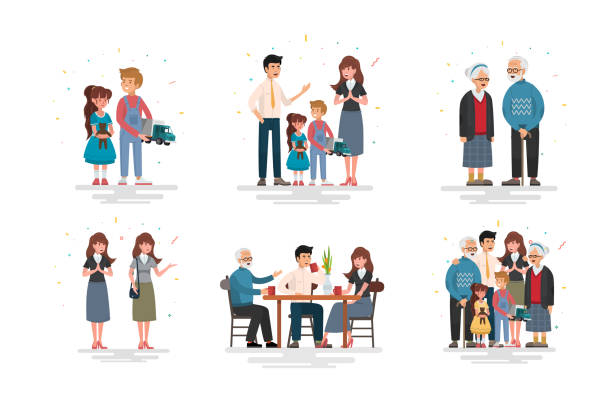 ilustrações, clipart, desenhos animados e ícones de jogo da família feliz, ilustração de famílias diferentes dos grupos. - grandmother grandson baby mother