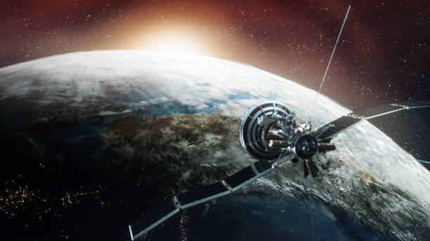 istock Spacecraft orbiting the earth at sunrise - 3D Illustration 1157385728
