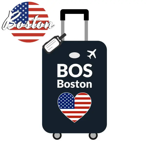 Vector illustration of Luggage with airport station code IATA or location identifier and destination city name Boston, BOS. Travel to the United States of America concept. Heart shaped flag of the USA on the baggage.