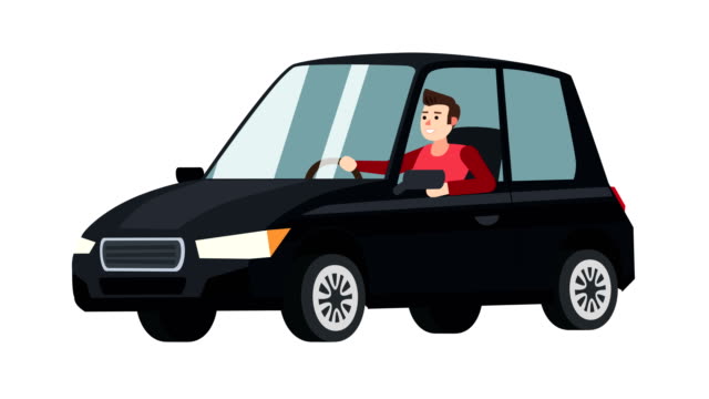 Flat cartoon isolated black vehicle car  with man character animation side view