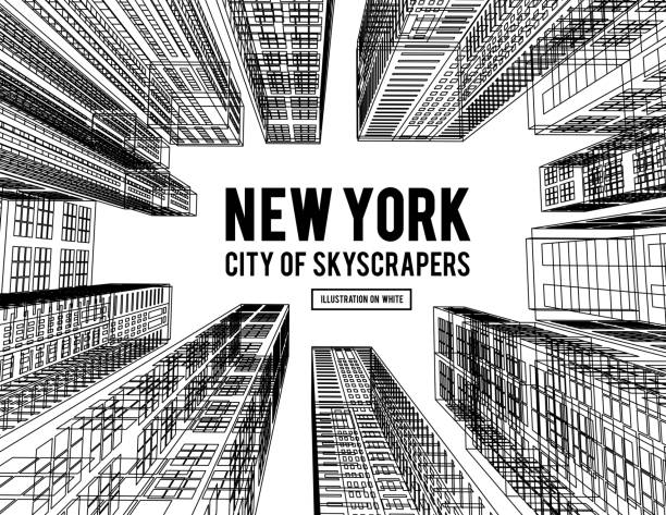 nowy jork jest miastem wieżowców. ilustracja wektorowa w stylu rysunku na białym. widok na wieżowce poniżej - new york city stock illustrations