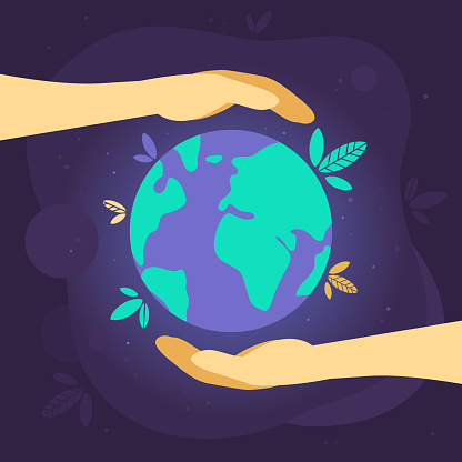 Vector illustration about caring for and saving the World. Zero waste poster. Care and protection of the environment. Hands hold the Earth. Abstract design with planets for banner or postcard.