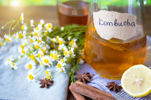 Healthy tea kombucha with lemon and cinnamon. Recipe for homemade Kombucha stock photo