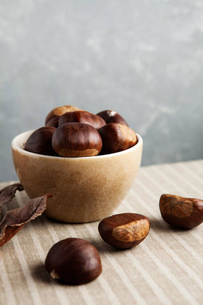 Sweet chestnut,Ripe chestnuts,Raw chestnut stock photo