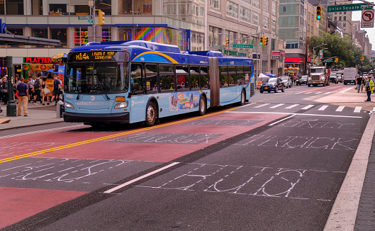 New York City MTA, Metropolitan Transportation Authority, buses share 14th Street with cars for only a short time longer before it is closed to car traffic on July 1st for the work on L train on June 17th, 2019. The stencils for \