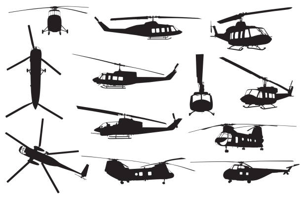 ilustrações, clipart, desenhos animados e ícones de silhuetas retros do helicóptero - transport helicopter