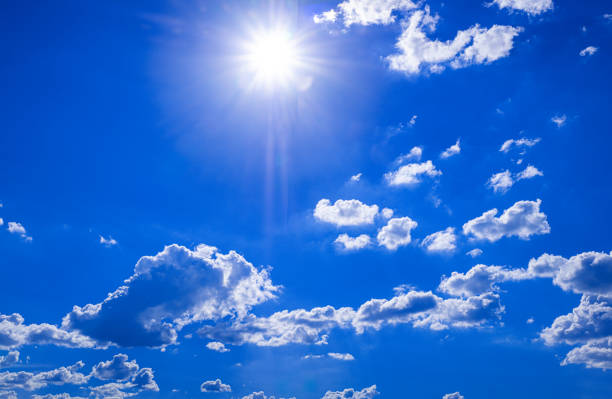 Beautiful blue sky with white clouds and sun, sunlight background abstract panorama