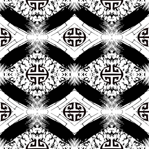 グランジ幾何学的シームレスパターン。ベクトルジグザグギリシャスタイルの背景。シェブロンは、黒と白の幾何学的背景を繰り返します。ギリシャの主要なメアンダーの装飾品と落書き手� - chevron pattern zigzag doodle点のイラスト素材／クリップアート素材／マンガ素材／アイコン素材